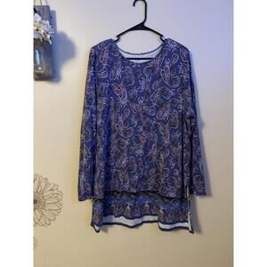 J Jill Perfect Pima Crew Neck Tunic Size XL Blue Paisley Long Sleeves Pullover